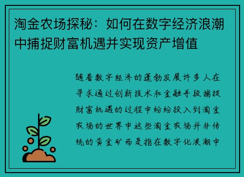 淘金农场探秘：如何在数字经济浪潮中捕捉财富机遇并实现资产增值
